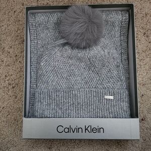 Calvin Klein Silver Beanie Hat and Scarf set New In Box